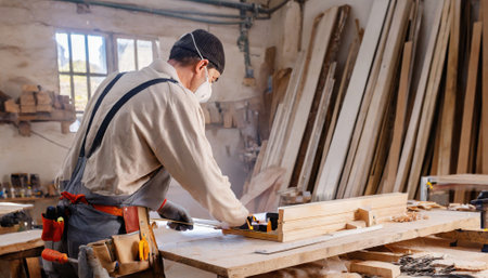 Rear view of a carpenter in the workshop, cutting a wooden panel. Generated with AIの素材
