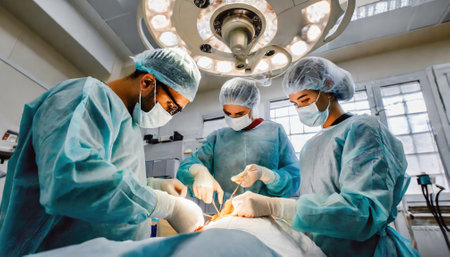 An unrecognizable team of surgeons is performing an operation on a patient. Generated with AIの素材