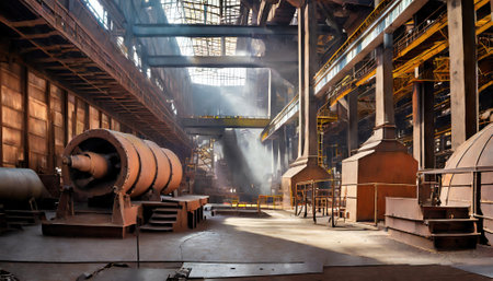 Steel mill, metal smelter, inside view of a factory. Generated with AIの素材