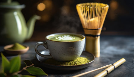 A cup of matcha tea and a bamboo whisk. Generated with AIの素材