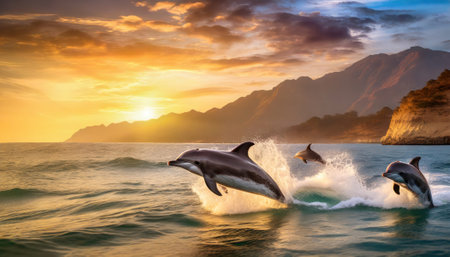 Playful dolphins jump out of the sea. Generated with AIの素材