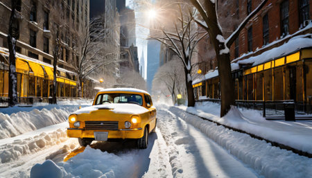 A NYC yellow cab navigating through the snow-covered streets, creating a picturesque winter scene. Generated with AIの素材
