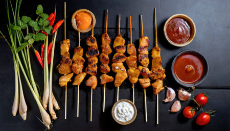 Top view of meat on the grill, chicken satay skewers topped with sauce. Generated with AIの素材