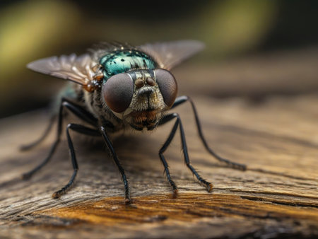 A close-up of a fly on a piece of wood, capturing intricate details of the insect and the texture of the wood. Generated with AIの素材