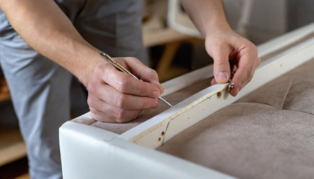 Close-up of the furniture upholsterer's hands repairing furniture. Generated with AIの素材
