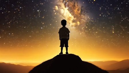 Rear view of a silhouette of a boy on the edge of the world, looking at the starry sky at night. Generated with AIの素材