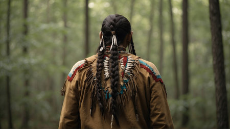 A Native American Indian standing in a primeval forest. Generated with AIの素材