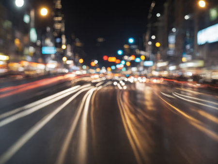 Abstract blurred night street lights background. Defocused image of a city street at night. Generated with AIの素材