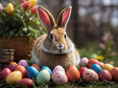 The Easter bunny, surrounded by vibrantly painted eggs. Generated with AIの素材