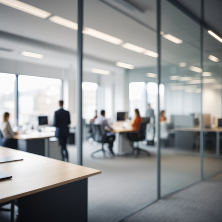 Blurred view through glass of a modern office with people at work. Generated with AIの素材