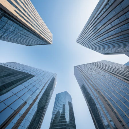 View from below of modern corporate office buildings. Generated with AIの素材