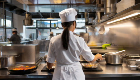 From a rear view, a chef is cooking in a vintage-style, bustling restaurant kitchen. Generated with AIの素材