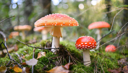 Amanita muscaria mushrooms in the forest.の素材