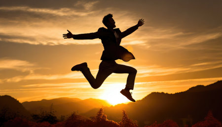 A silhouetted man joyfully leaps. Generated with AIの素材
