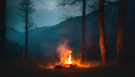 Fire in the misty dark forest Generated with AIの素材