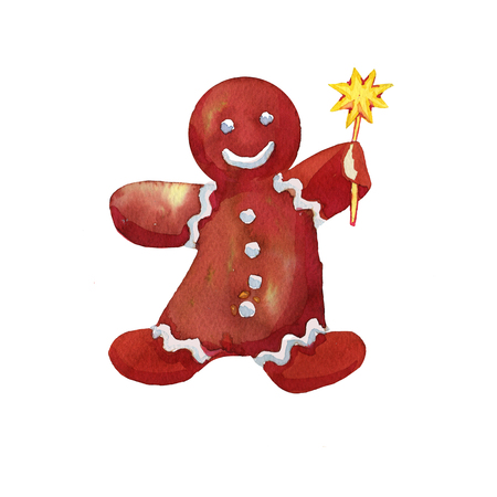 Cartoon Christmas Gingerbread Man keeps the golden star drawn watercolorの写真素材