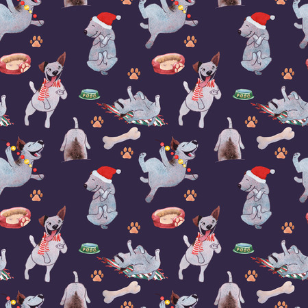Christmas Puppy dog playing with ball hand drawing watercolor seamless patternの写真素材