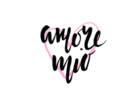 Amore mio. Valentines day calligraphy glitter card. Hand drawn design elements. Handwritten modern brush lettering.のイラスト素材