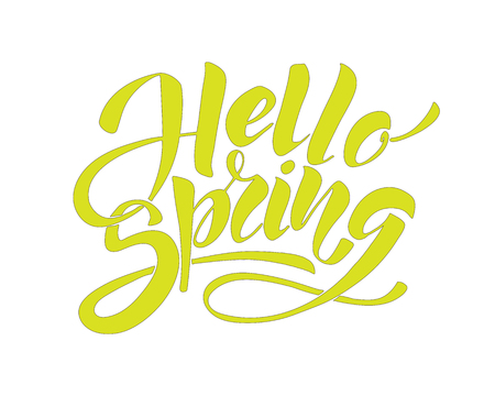 Hello spring - hand lettering inscription to winter holiday design, black and white ink calligraphyのイラスト素材