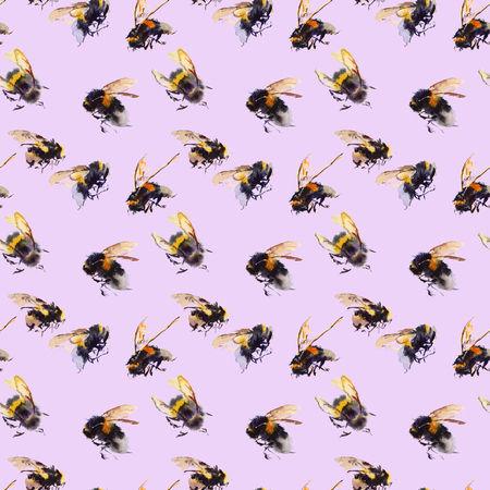 Watercolor bees seamless pattern isolated on white background. hand drawn watercolor illustrationの写真素材