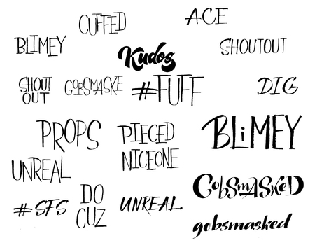 Popular English Language Slang Words Doodle Lettering Set kudos sfs blimey unreal gobmasked pieced guz niceoneのイラスト素材