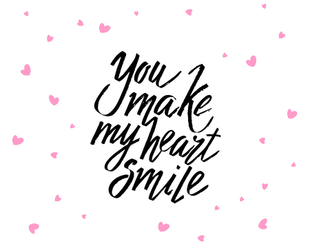 You make my heart smile, hand written lettering. Romantic love calligraphy card inscription. Valentine dayのイラスト素材