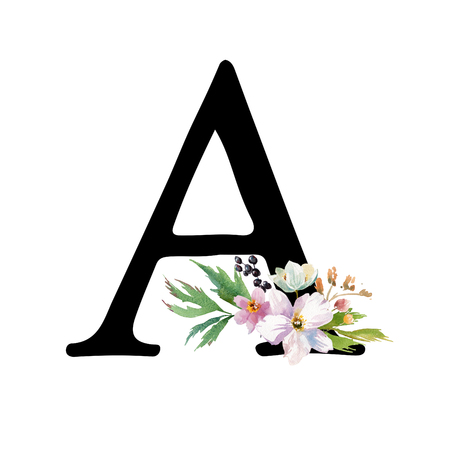 Romantic black letter A with drawn watercolor flowers. Elegant emblem for book design, brand name, wedding invitation thanks card.の写真素材