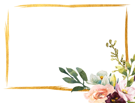 Wedding romantic rustic bridal frame wreath. White purple and white flowers green leaves ornamentの写真素材