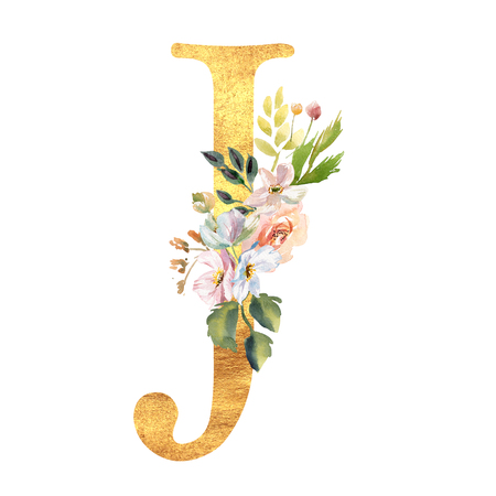 Romantic gold letter A with drawn watercolor flowers. Elegant emblem for book design, brand name, wedding invitation thanks cardの写真素材