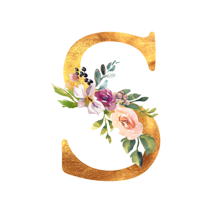 Romantic gold letter A with drawn watercolor flowers. Elegant emblem for book design, brand name, wedding invitation thanks cardの写真素材