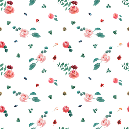 Wedding bridal watercolor seamless pattern, red and pink and green flowers wreath ornamentの写真素材