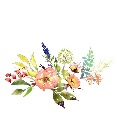 Hand drawing watercolor Wedding bridal flowers bouquet romanric rustic red pink and purple and orange flowers ornamentの写真素材