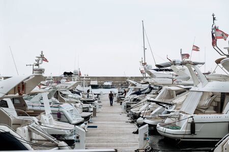 Beirut/Lebanon - 2018 - Luxury Yacht and motor ships are in the water of the Marina in Zaitunay Bayのeditorial素材