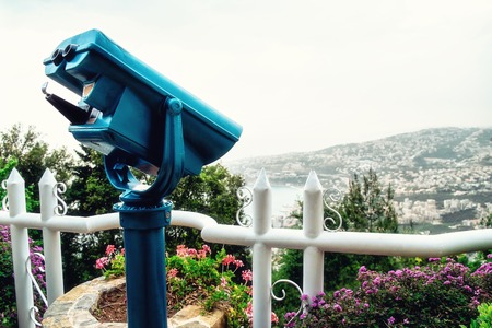Large coin operated binocular looking at the town. Harissa. Lebanonの写真素材