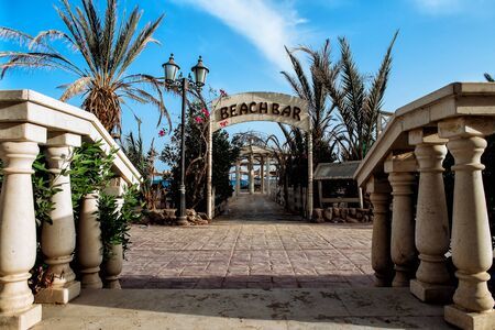 Sharm El Sheikh, Egypt - September 22, 2017: Outdoor bar and beach at the luxury hotel, Sharm el Sheikh, Egyptのeditorial素材