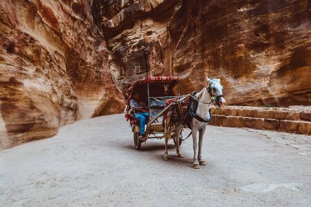 Petra, Jordan - May 2018: Horse-drawn carriage moving in the narrow canyon valley in the Ancient City.のeditorial素材