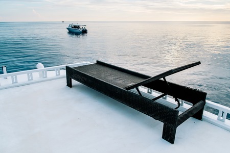 Sunbed on the roof of a boat in the Indian ocean, Maldives. Relax and peaceful landscape