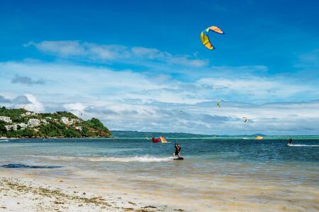 November 2016: strong wind at Bulabog beach, one of the most sought-after spots for kiteboarding and windsurfing Boracay island, Philippines.のeditorial素材