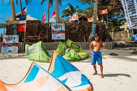 November 2016: strong wind at Bulabog beach, one of the most sought-after spots for kiteboarding and windsurfing Boracay island, Philippines.のeditorial素材