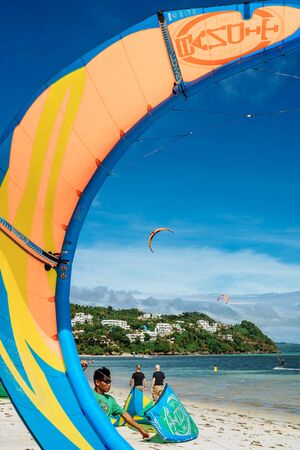 November 2016: strong wind at Bulabog beach, one of the most sought-after spots for kiteboarding and windsurfing Boracay island, Philippines.のeditorial素材