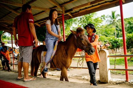 Filipino Woman Taking Care of a Team of Horses Used as A Local Transport Standing in the Mud in the Rural Taal Volcano Area, Philippines. Dec 2018, Philippinesのeditorial素材