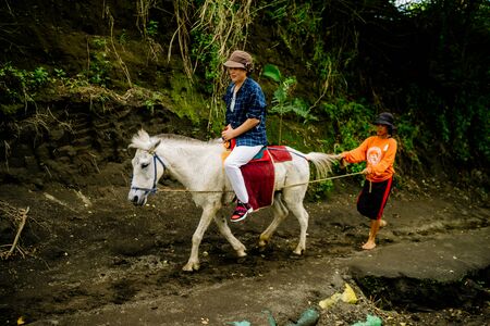 Filipino Woman Taking Care of a Team of Horses Used as A Local Transport Standing in the Mud in the Rural Taal Volcano Area, Philippines. Dec 2018, Philippinesのeditorial素材