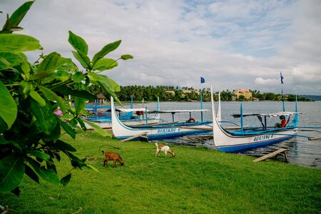 Phishing boat on a shore of beautiful Lake Taal, Philippines. Landscape of Luzon Island with volcano on the lake that changed the area geometry a few centuries ago. Dec 2018, Philippinesのeditorial素材