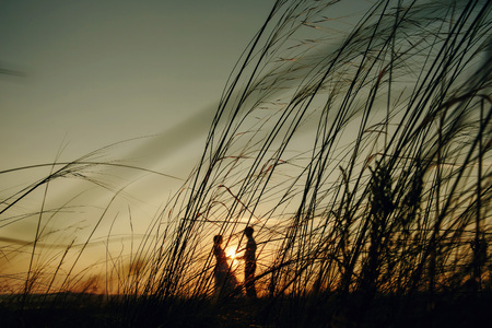 Man and Woman love silhouette in sunset in the fieldの写真素材