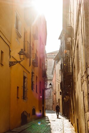 Girona, Spain - February, 2019: Narrow street in old town. Girona, Catalonia, Spainのeditorial素材