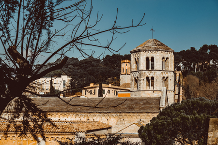View of the medieval city of Girona with the Cathedral of St. Mary and the Church of St. Feliu. Girona, Catalonia, Spain.の写真素材