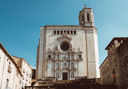 Girona Cathedral in Catalonia, Spain, Romanesque, Gothic and Baroque architecture, city landmark. Feb 2019のeditorial素材