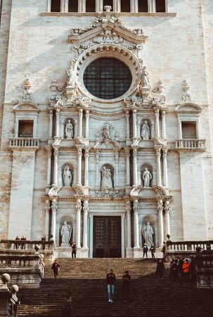 Girona Cathedral in Catalonia, Spain, Romanesque, Gothic and Baroque architecture, city landmark. Feb 2019のeditorial素材