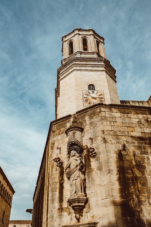 Girona Cathedral in Catalonia, Spain, Romanesque, Gothic and Baroque architecture, city landmarkの写真素材