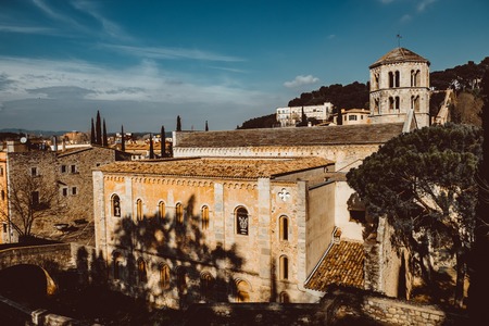 View of the medieval city of Girona with the Cathedral of St. Mary and the Church of St. Feliu. Girona, Catalonia, Spain.の写真素材